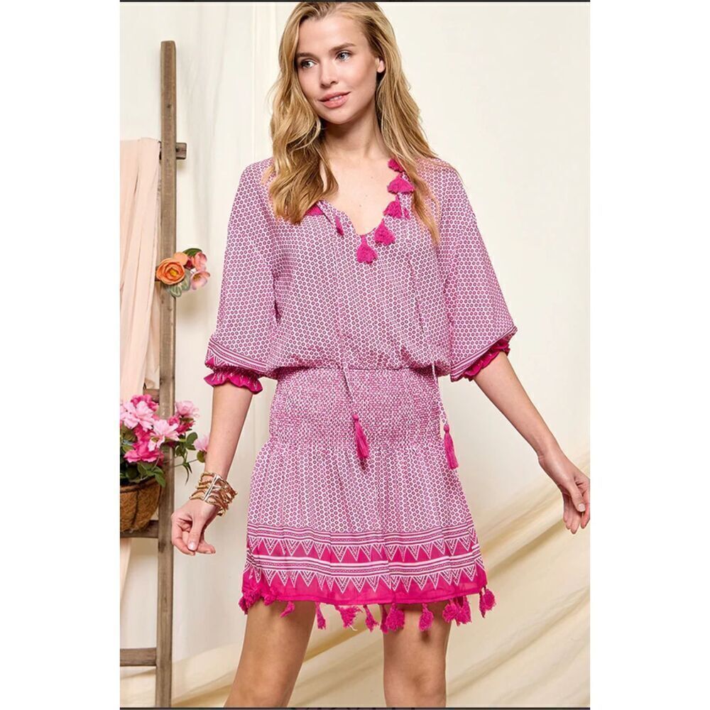 CZ COLLECTION BY CEZELE Womens Tassel Boho Dress Swimcover Sz Small Pink White